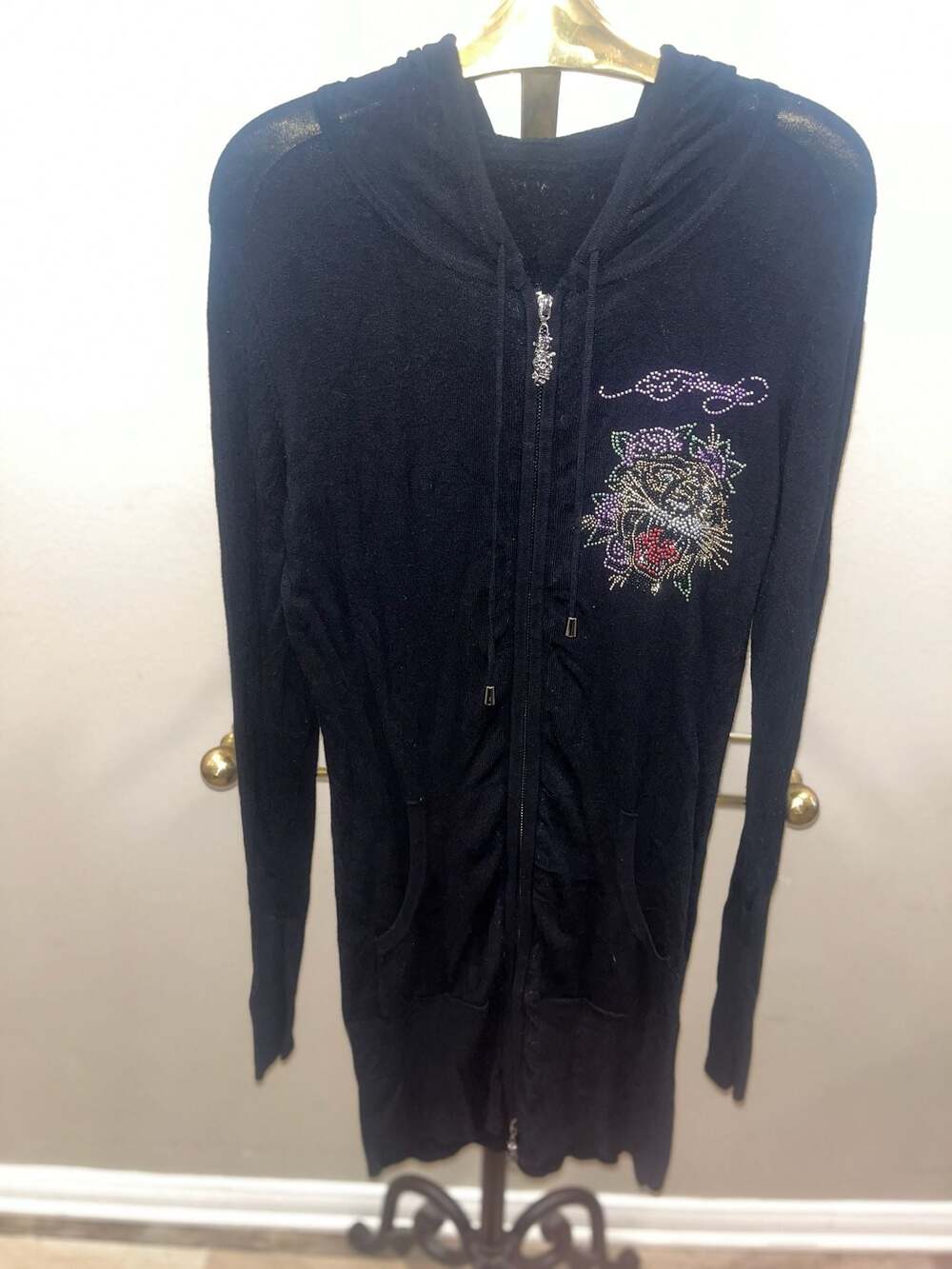 Ed Hardy Rhinestone Tiger Zip-Up Hoodie Black Size M